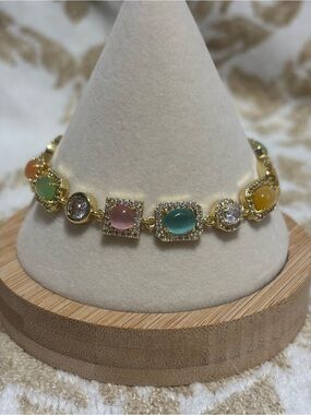 Gold-Filled Multicolor Gemstone Link Bracelet - Elegant Women's Jewelry